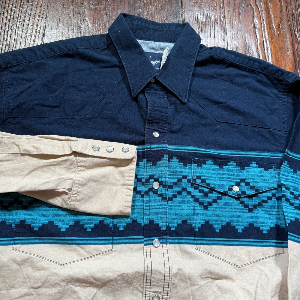 Vintage Wrangler Shirt Mens L Blue Brushpopper Aztec Pearl Snap Western Cowboy